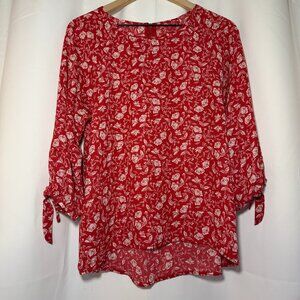 Papermoon Larie Tie Sleeve Blouse Women's L Red Floral 3/4 Sleeve Coquette EUC
